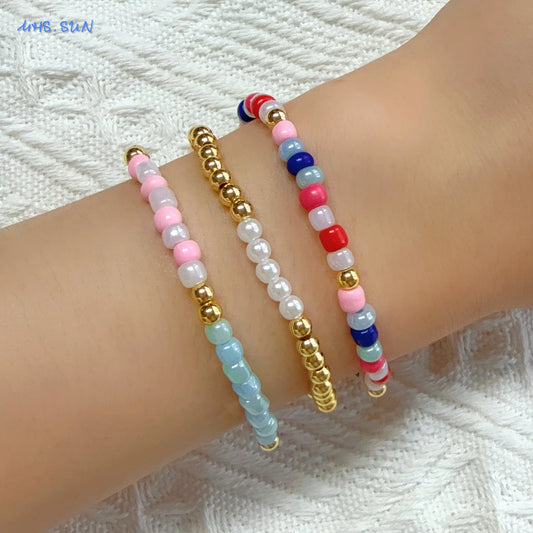 Luckacco MHS.SUN New Bohemian Gold Plated Metal Beaded Bracelets Colorful Rice Beads Bracelet Birthday Party Jewelry For Women Men
