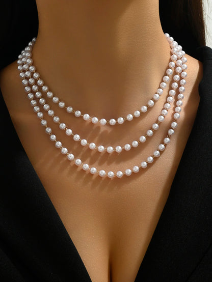 Luckacco Simple Imitation Pearl Multi-Layer Chain Beaded Necklace Women's Fashion Girl White Wedding Dress Bride Banquet Jewelry Gift