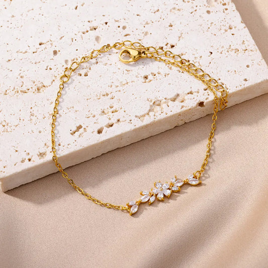Luckacco Elegant Zircon Flowers Bracelet For Women Girls Charm Gold Color Stainless Steel Plant Bracelets Luxury Designer Jewelry Gifts