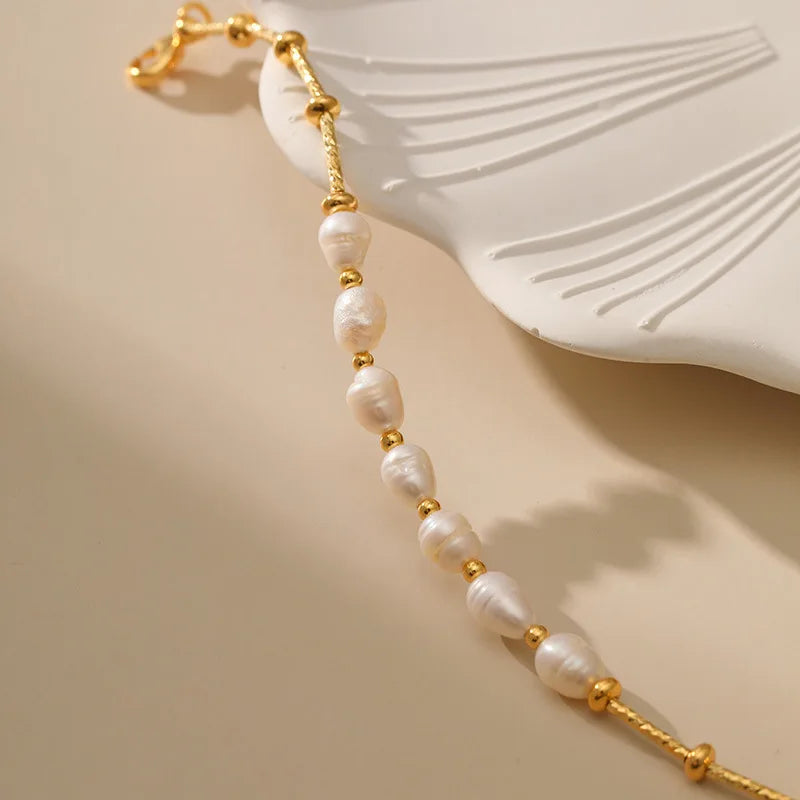 luckacco fashion freshwater pearl gold plated beaded bracelet for women natural pearls with link chain bracelet bangles charm jewelry