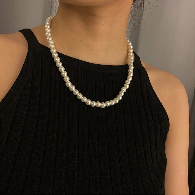 luckacco fashion elegant white imitation pearl chokers necklace for women men wedding banquet necklaces vintage handmade jewelry gift