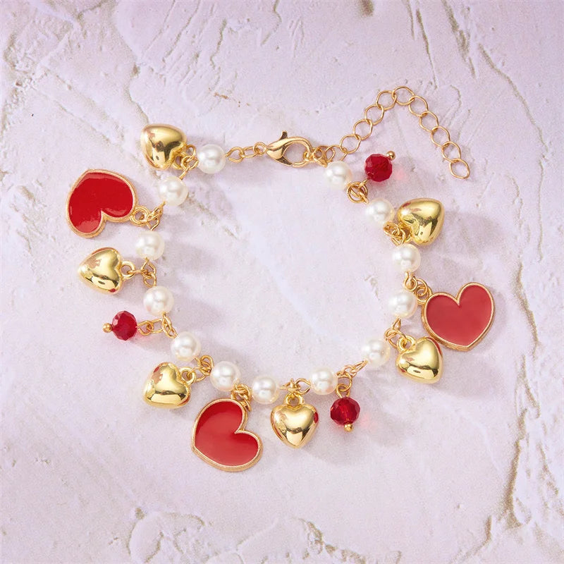 luckacco sweet cute red strawberry cherry heart pearl charm bracelet new fashion y2k fruit gold color chain jewelry party gifts 2025