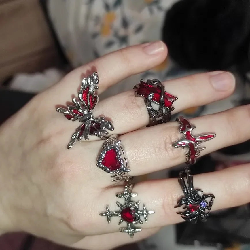 luckacco goth punk retro red crystal love heart cross geometry irregular open ring set y2k halloween accessories for women kpop jewelry