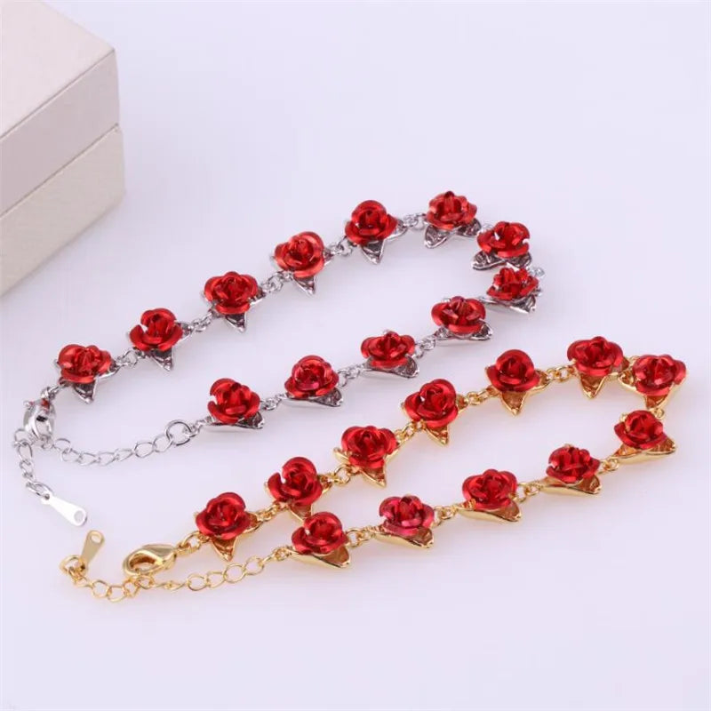 luckacco romantic adjustable red rose link chain bracelet fashion valentine gift for lover women's hand bracelets bride jewelry accessori