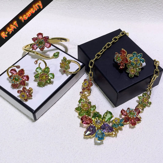Luckacco Flower Crystal Boutique Irregular Original Jewelry Set New Color Earring Exquisite Necklace Ring Bracelet Wedding Gift for Women