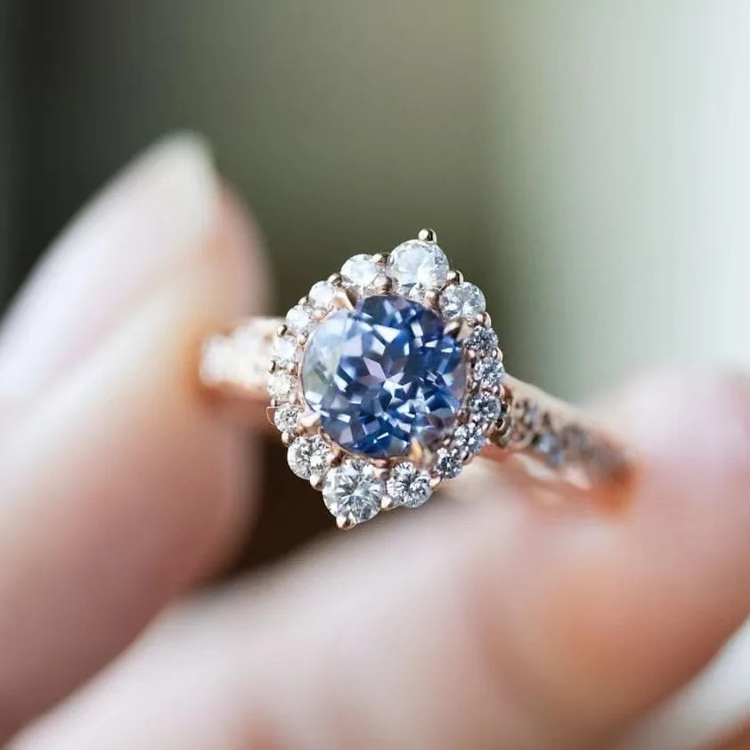 luckacco elegant rose gold color inlaid with blue white stone rings flower round party engagement wedding rings for women jewelry