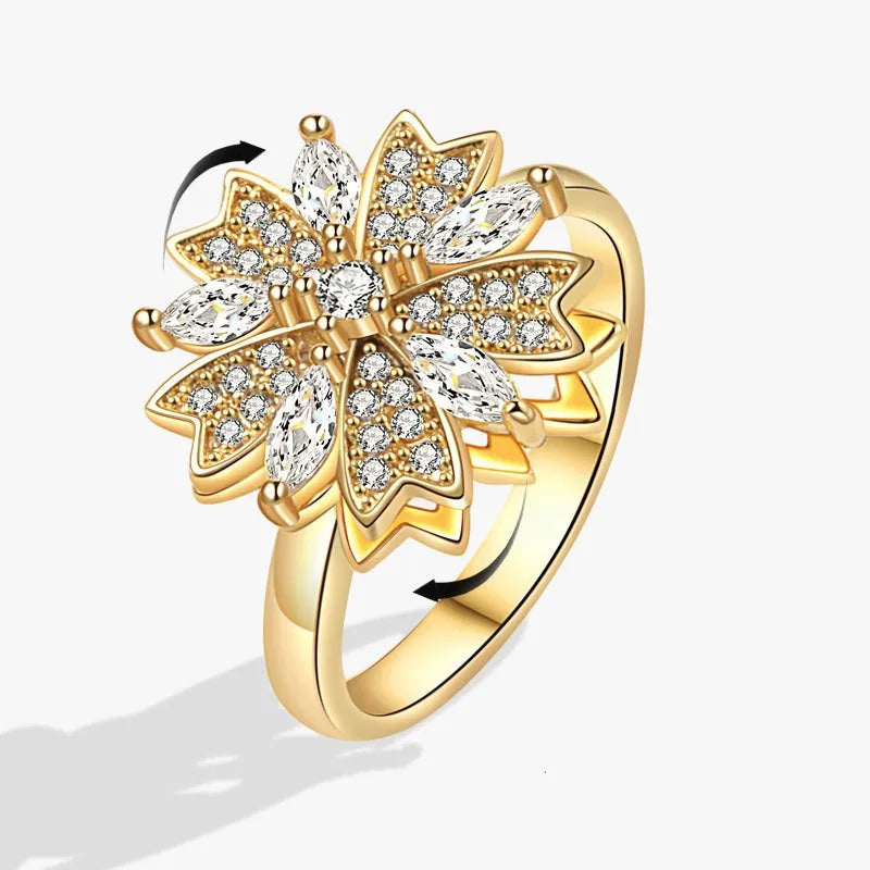 luckacco fashion fidget spinner ring anxiety for women multiple crystal sunflower finger rings rotate anti stress jewelry wedding gift