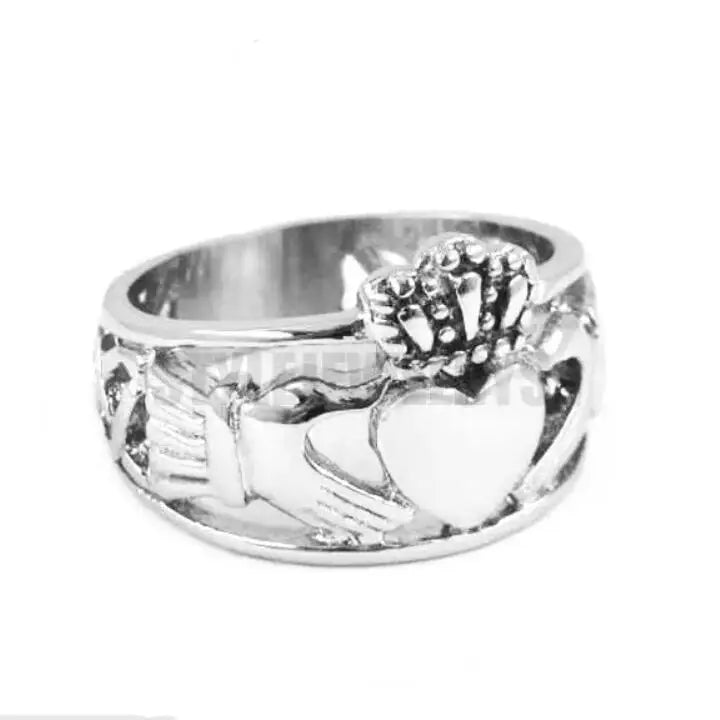 luckacco claddagh style hand to hold a heart with crown ring stainless steel jewelry celtic biker wedding ring  swr0312a