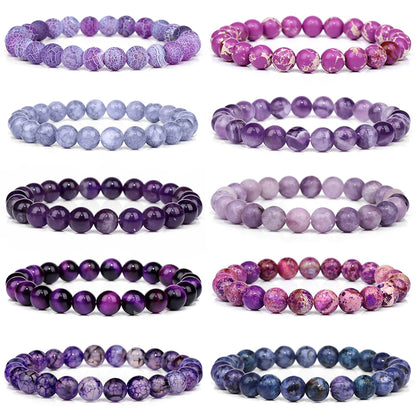 Luckacco Purple Stone Bracelet 8mm Natural Stone Fire Dragon Agates Amethysts Fluorite Jasper Beads Elastic Bracelets For Women Men