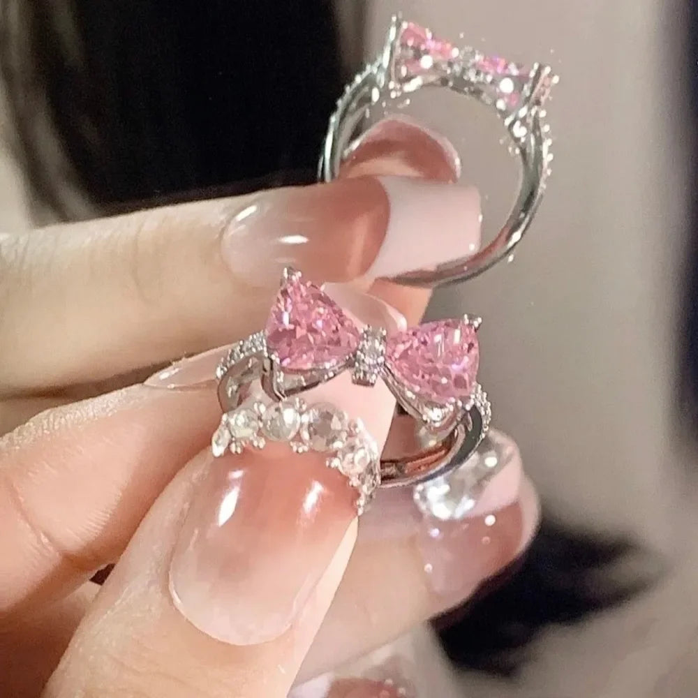 luckacco fashion bowknot finger rings adjustable bow rings jewelry sweet opening ring ornaments