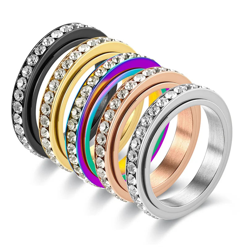 luckacco stainless steel cubic zirconia rotatable chain couple rings anti stress anxiety fidget spinner ring wedding band knuckle jewelry