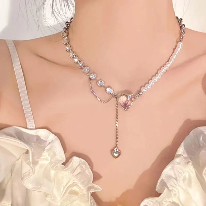 luckacco korean fashion pearl chain choker necklace for women girls 2022 trend jewelry heart pendant necklace bridal engagement