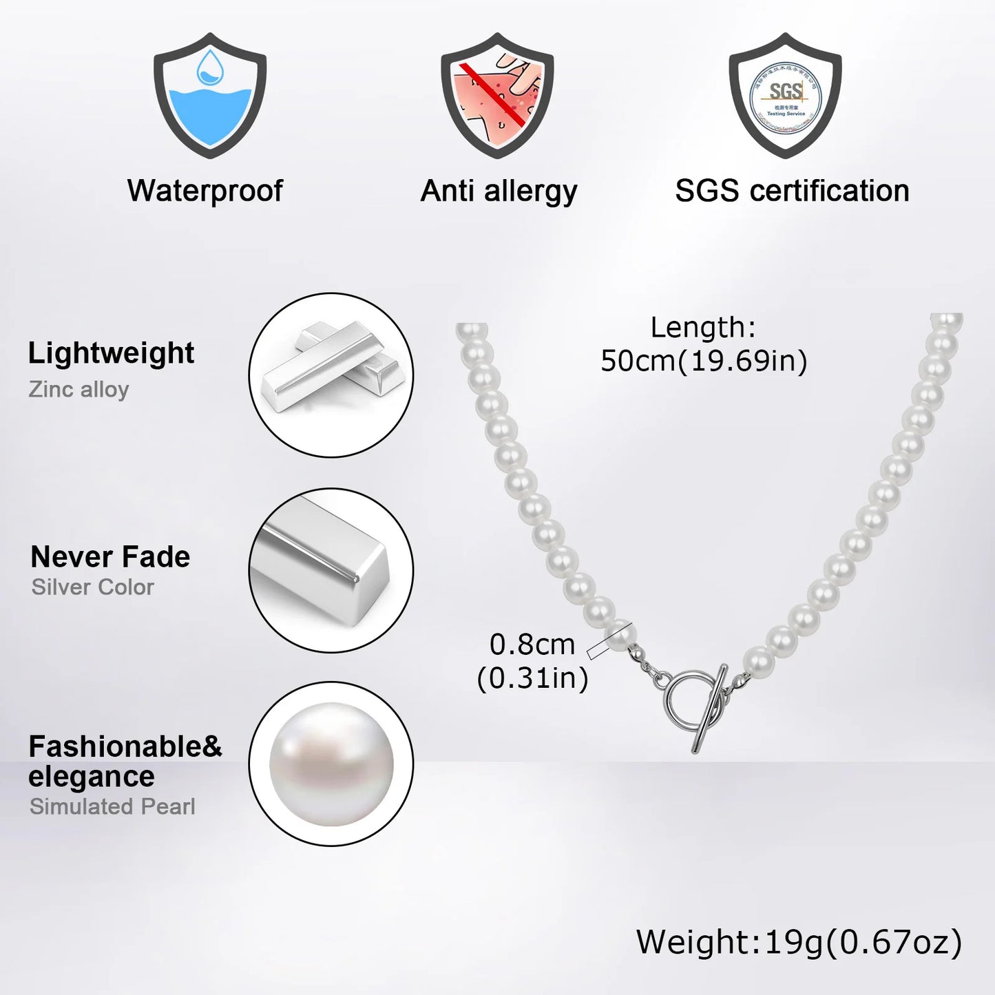 luckacco 8mm pearl necklace for men women,white imitation pearl beaded collar,casual jewelry gift