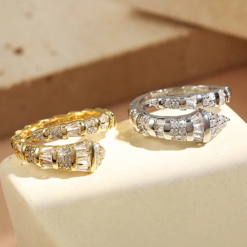 luckacco 2025 new in snake bone open ring for women shiny cubic zirconia copper rings couple funny party jewelry gifts