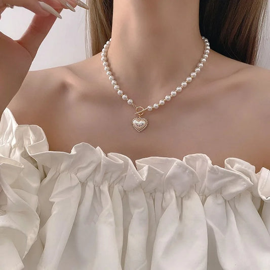 Luckacco Elegant Pearl Necklace For Women Heart Pendant Necklaces Luxury Imitation Pearls Chain Necklaces Korean Jewelry Girls Gifts
