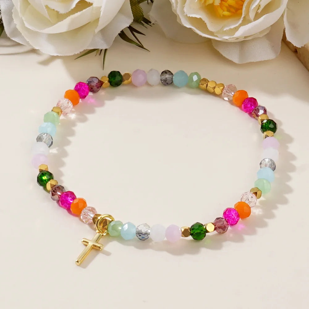 luckacco cross square crystal beads bracelet for women boho natural stone stretch beach jewelry multi-color religious baptism jewelry