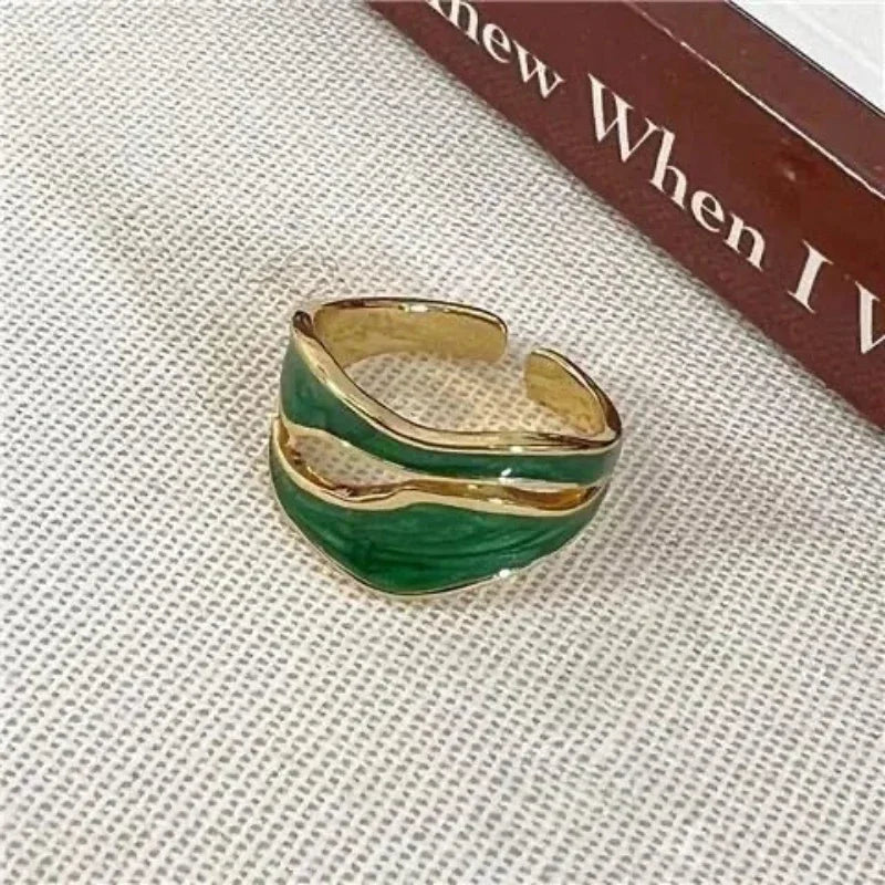 luckacco retro gold color double oil drip open rings for women luxury irregular adjustable finger ring 2025 new trendy wedding jewelry