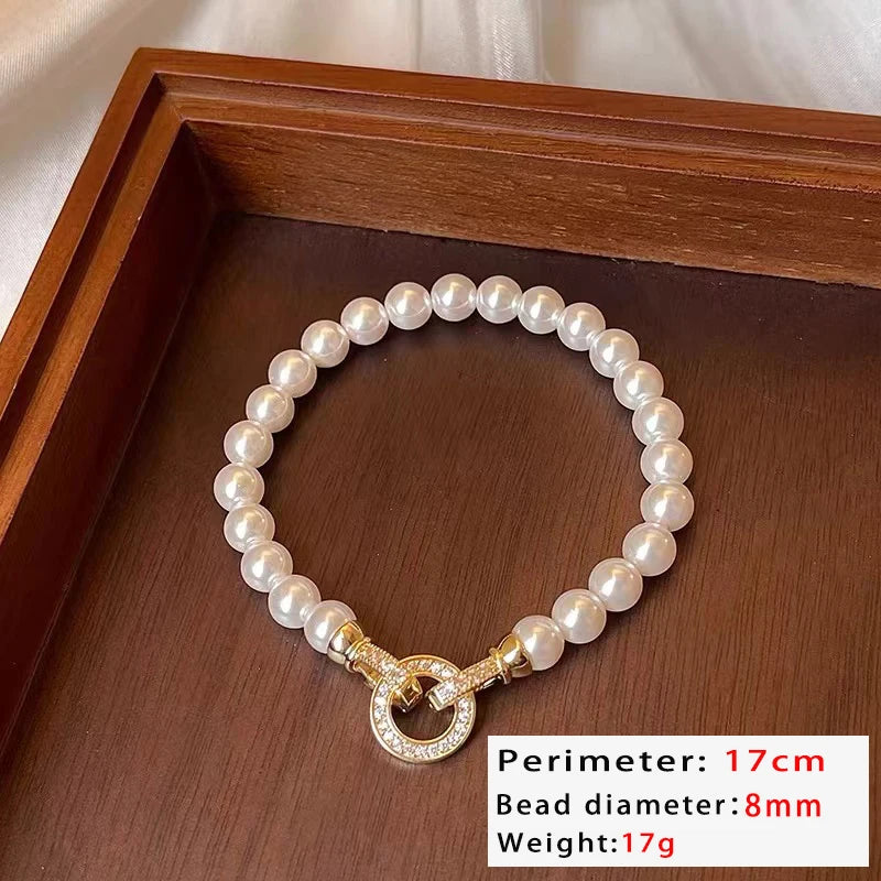 luckacco french elegant micro set zircon round buckle imitation pearl beaded necklace for women's temperament jewelry sweet accessories