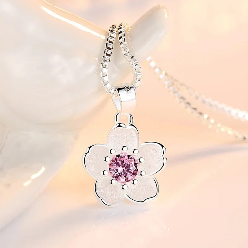 luckacco 925 sterling silver pink purple peach blossom necklaces for women retro luxury jewelry accessories freeshiping items jewellery