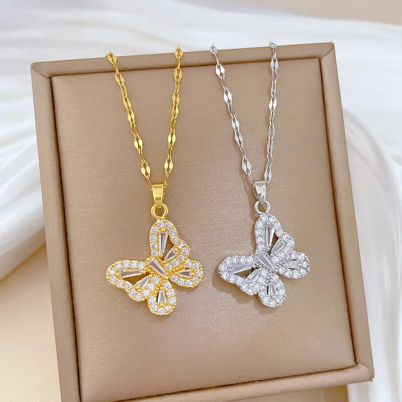 luckacco 2pcs stainless steel hollow crystal butterfly pendant necklace earrings sets for women luxury daily wear jewelry set birthday