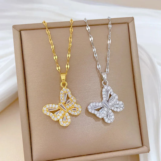 Luckacco 2Pcs Stainless Steel Hollow Crystal Butterfly Pendant Necklace Earrings Sets for Women Luxury Daily Wear Jewelry Set Birthday