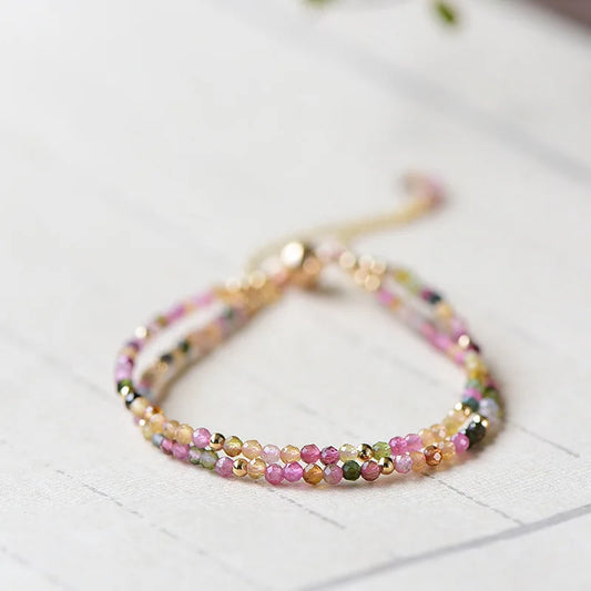Luckacco 3MM Tourmaline Bracelets Double Layered Bohemian Colorful Crystal Beaded Bracelet Handmade Women Pulseira Fashion Jewelry