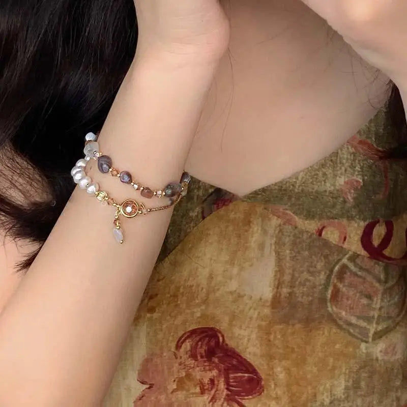 luckacco fashion double layered crystal pearl splicing beaded bracelets for women ethnic crystal beads wrap bracelet bangle jewelry gifts