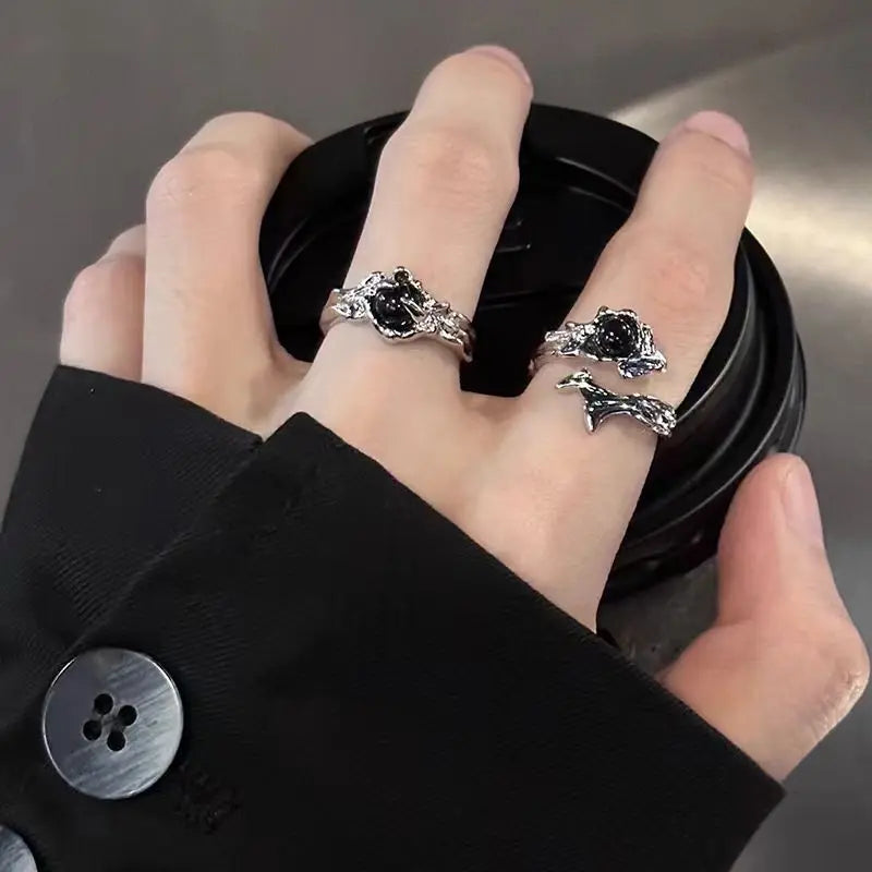 luckacco gothic irregular gemstone ring aesthetic girls adjustable black stone ring women's liquid punk ring vintage jewelry accessories