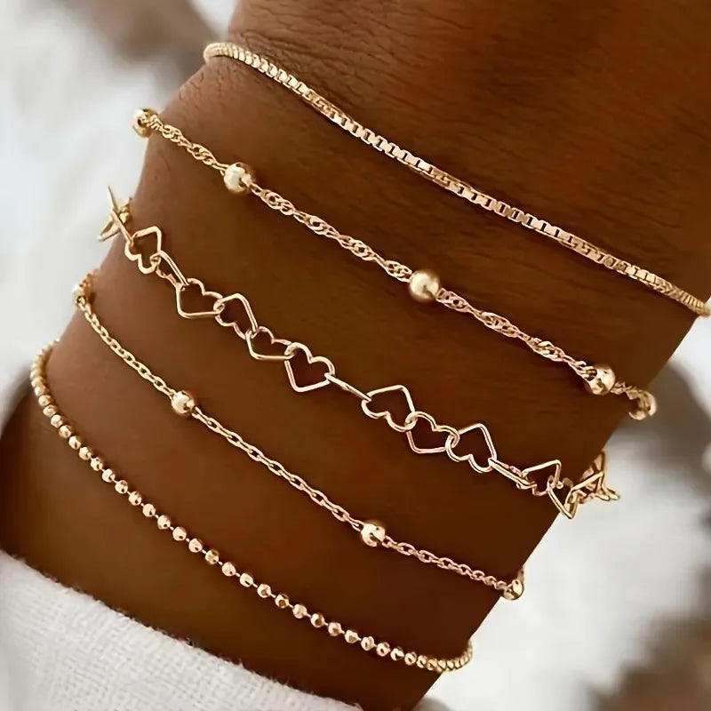 luckacco 5pcs elegant alloy bead bracelet set multilayer retro multi-layer chain simple bracelet trendy box chain simple fashion bracelet
