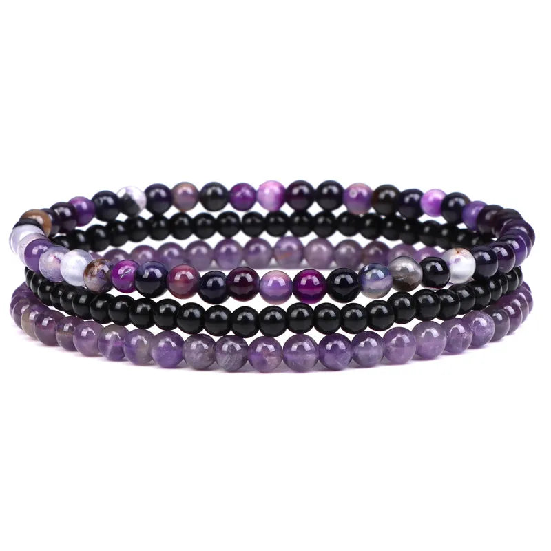 luckacco 3pcs amethysts purple agates elastic bracelets for women men natural stone tiger eye black onyx 4mm beads bracelet set jewelry