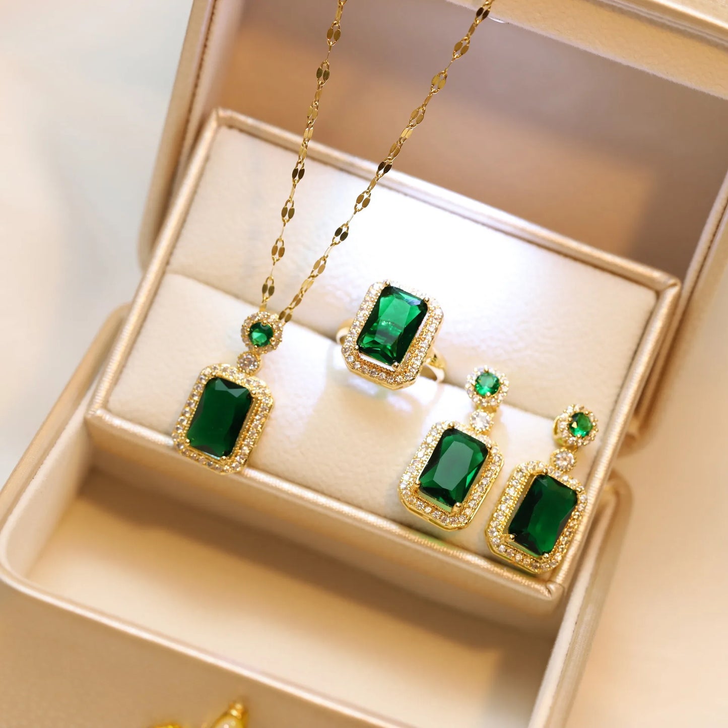 luckacco vintage emerald sets unique design light luxury temperament earrings  pendant necklace rings three-piece sets trend jewerly set