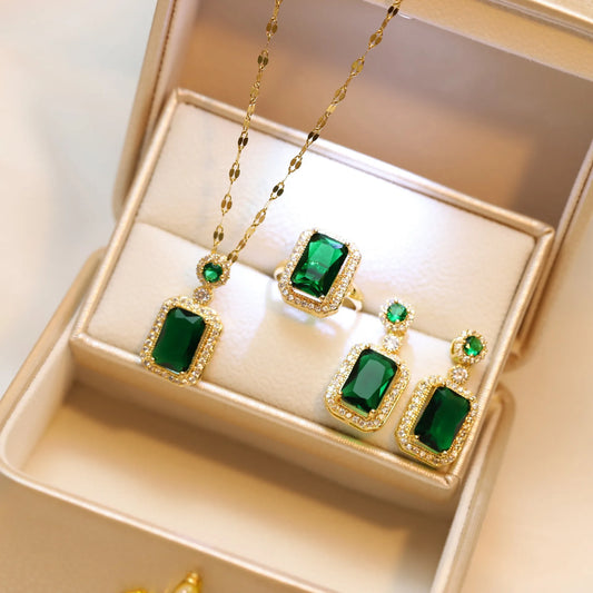 Luckacco Vintage Emerald Sets Unique Design Light Luxury Temperament Earrings  Pendant Necklace Rings Three-Piece Sets Trend Jewerly Set