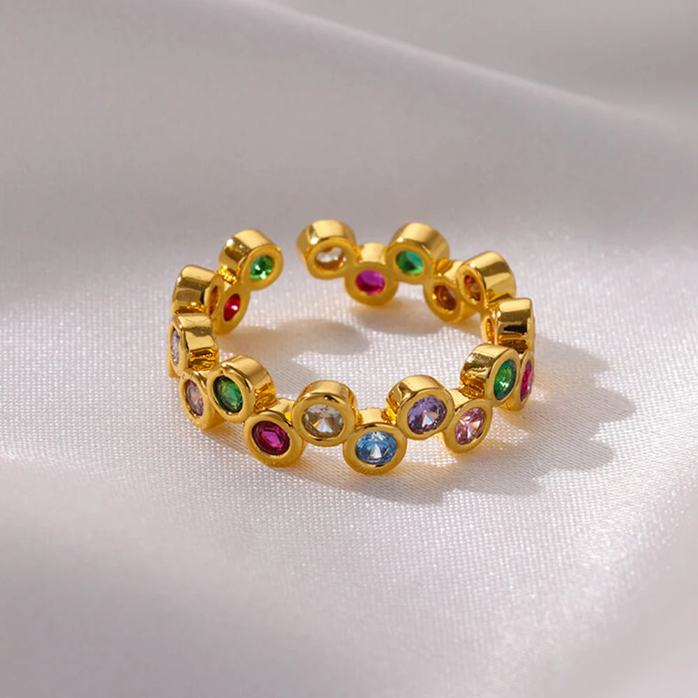 luckacco luxury gemstone flower stainless steel rings zircon adjustable ring women wedding anti fading jewelry vacation accessories gift