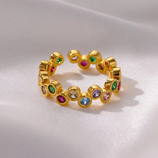 Luckacco Luxury Gemstone Flower Stainless Steel Rings Zircon Adjustable Ring Women Wedding Anti Fading Jewelry Vacation Accessories Gift