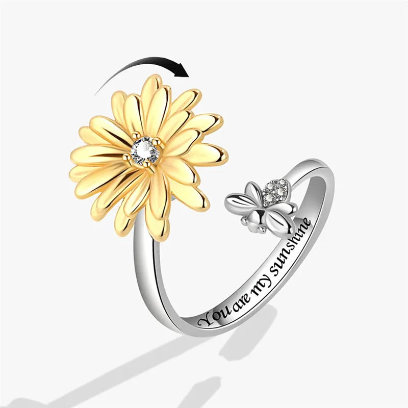 luckacco ethnic mandala flower finger rings for women girls rotating rose sun planet anxiety knuckle ring anti stress jewelry