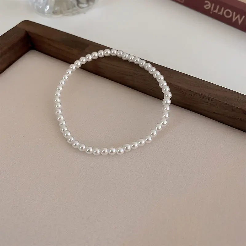 luckacco elegant white faux pearls beaded bracelets for women adjustable elastic rope bracelet french luxury hands jewelry accessories