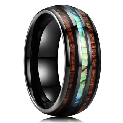 Luckacco Fashion 8mm Men Stainless Steel Rings Silver Color Brushed Deer Antler And Koa Wood Rings for Men Wedding Band Jewelry