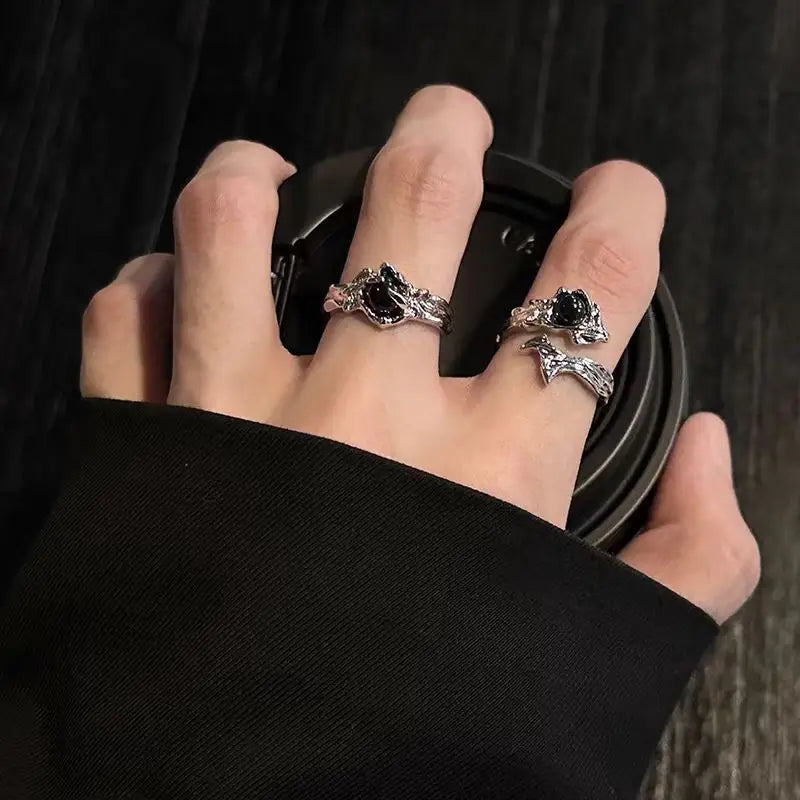 luckacco gothic irregular gemstone ring aesthetic girls adjustable black stone ring women's liquid punk ring vintage jewelry accessories