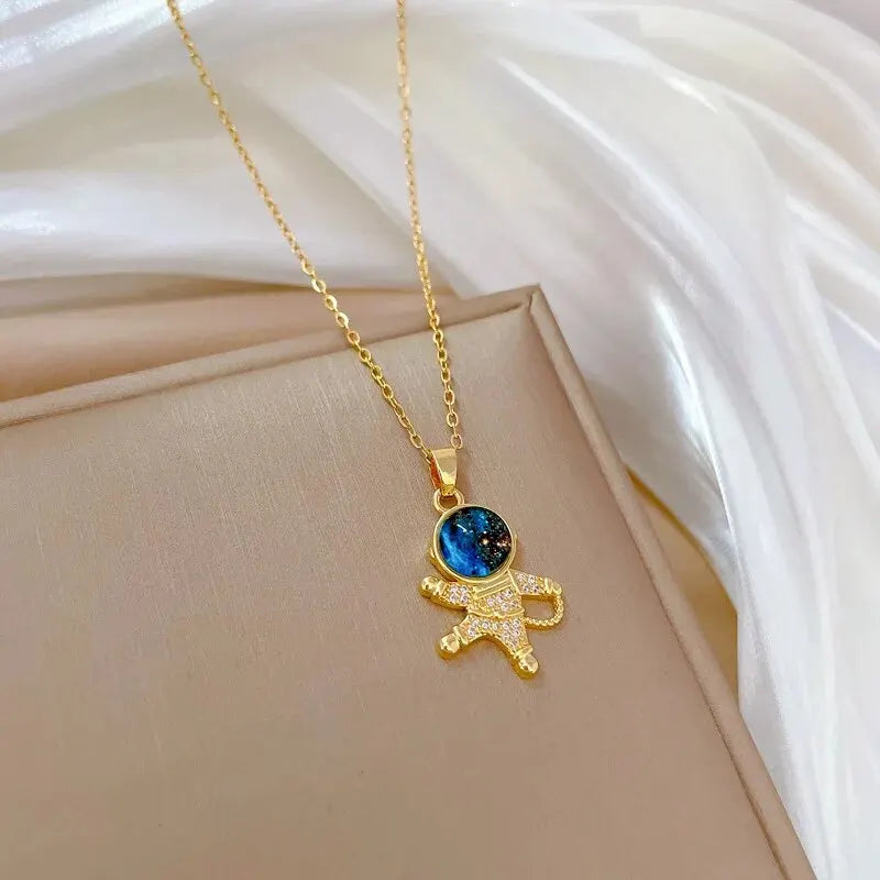 luckacco light luxury titanium steel star series necklace for women gold color planet moon astronaut pendant necklaces jewelry gifts