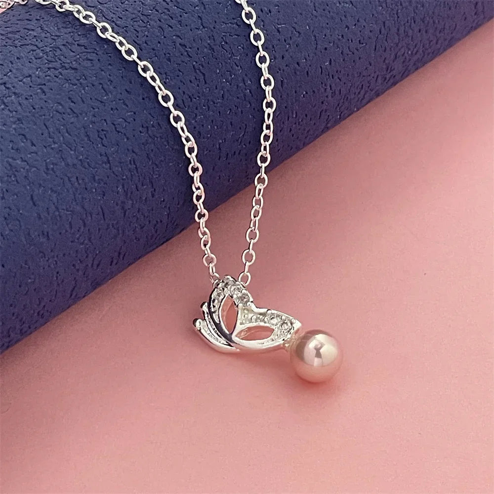 luckacco exquisite 925 silver jewelry, butterfly pearl pendant with diamonds and a thin chain, elegant style