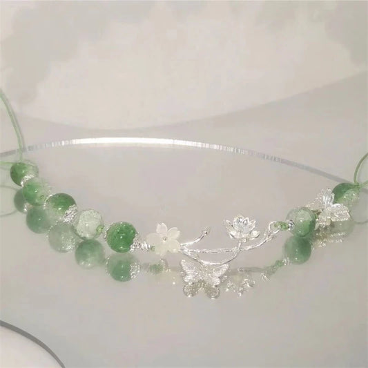 Luckacco Chinese Style Lotus Butterfly Beaded Bracelets for Women Fashion Green Bead Handmade Bracelets Exquisite Sweet Jewelry Gifts