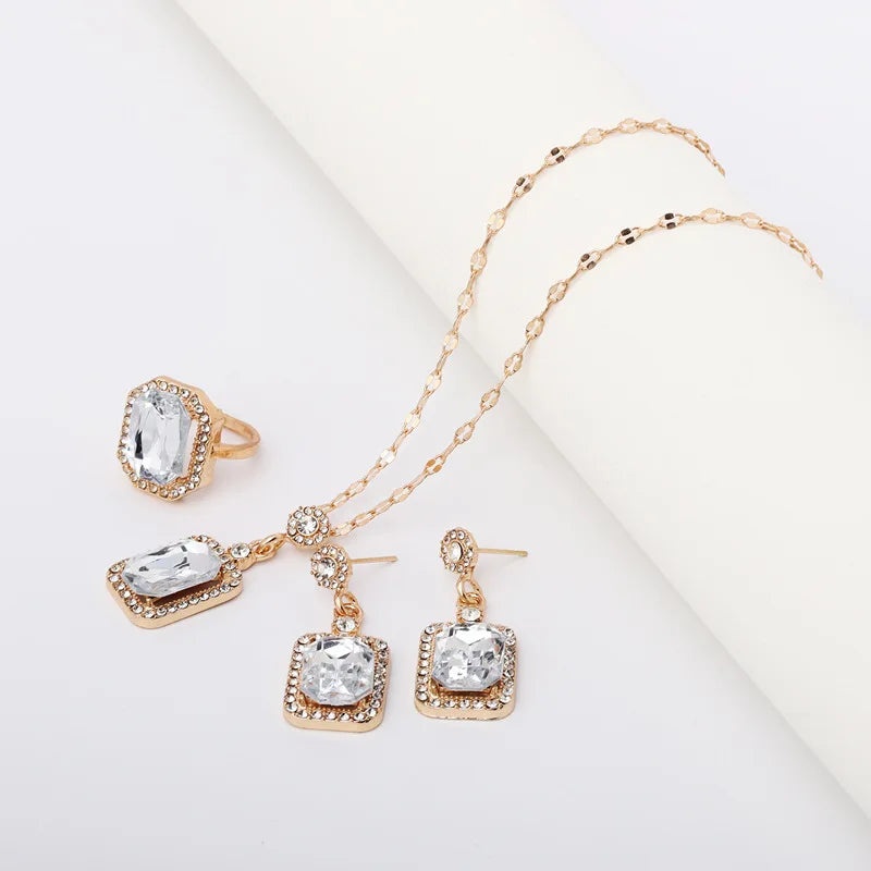 luckacco vintage emerald sets unique design light luxury temperament earrings  pendant necklace rings three-piece sets trend jewerly set