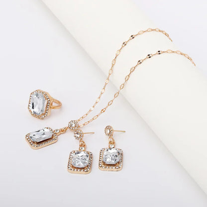 Luckacco Vintage Emerald Sets Unique Design Light Luxury Temperament Earrings  Pendant Necklace Rings Three-Piece Sets Trend Jewerly Set