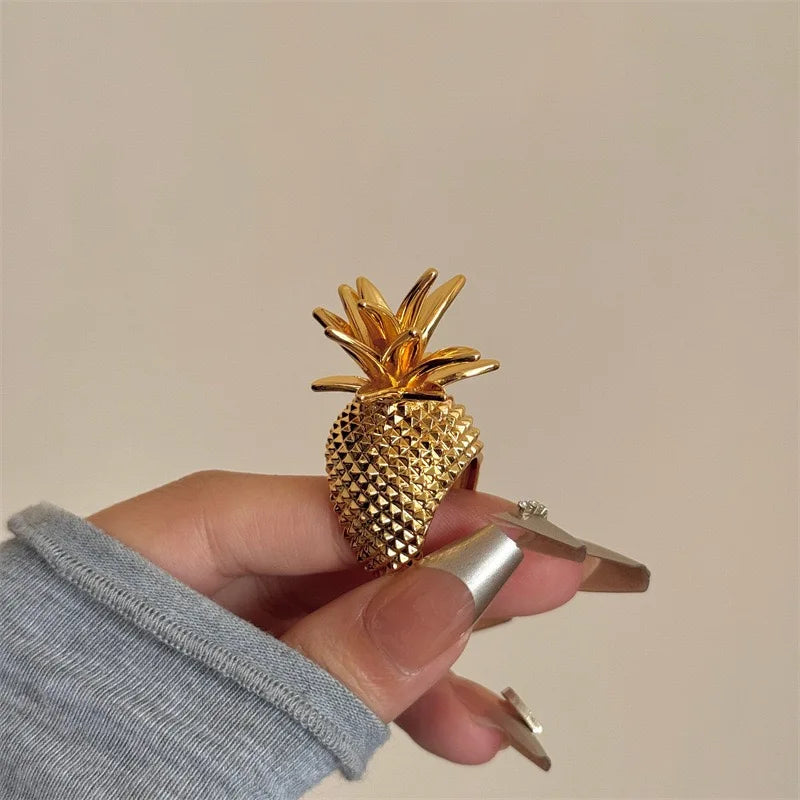 luckacco new summer retro metal fruit pineapple gold silver colour wide ring vintage women girl jewelry accessories gift 2025