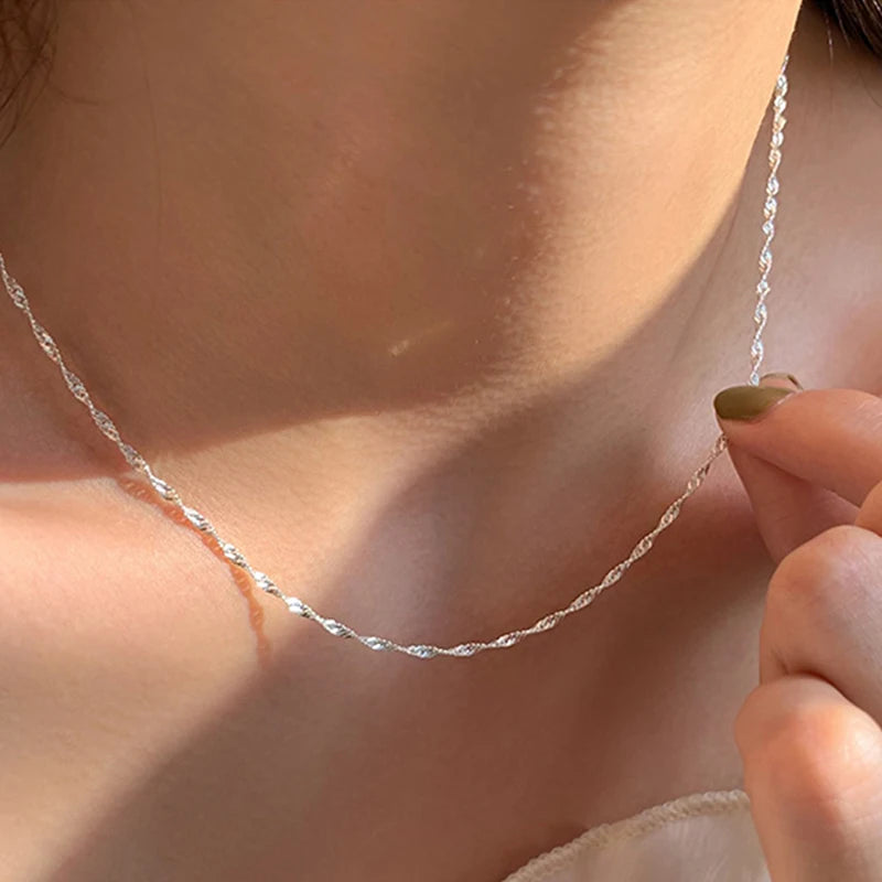 luckacco 50cm 925 sterling silver sparkling water wave chains necklace smooth choker simple women for girls wedding gift fine jewelry