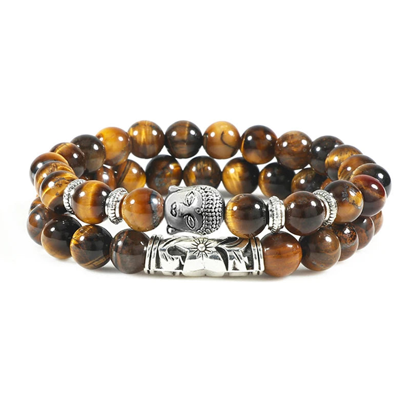 luckacco 2pcs/set buddha head bracelet for women men natural tiger eye lava stone yoga beads distance bracelets charm couple jewelry gift