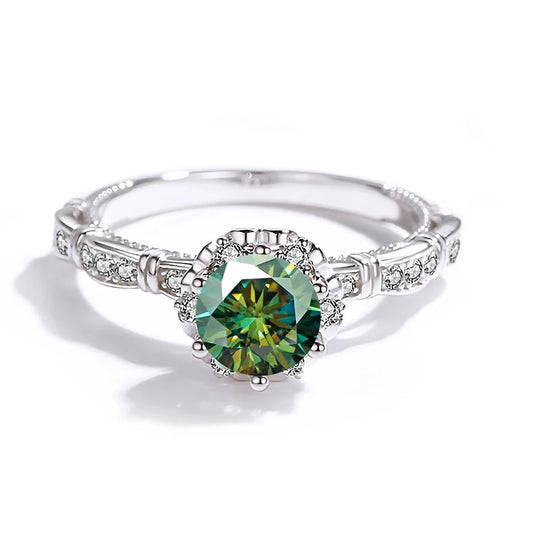 Luckacco 100% True1ct Yellow Green Moissanite Vintage Ring GRA Certificate Passed Diamond Test Women Anniversary Jewelry Gift S925 Silver