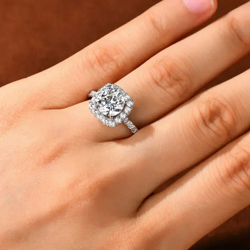 luckacco real 2ct 8mm round moissanite square ring 925 sterling silver luxury brilliant diamond wedding finger rings band for women