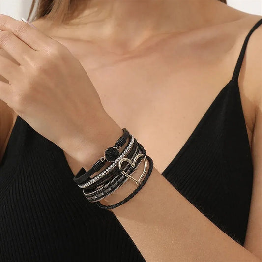 Luckacco New Metal Love Heart Charm Leather Bracelets for Women Fashion Bohemian Rhinestone Resin Wrap Bracelet Bangle Couple Jewelry