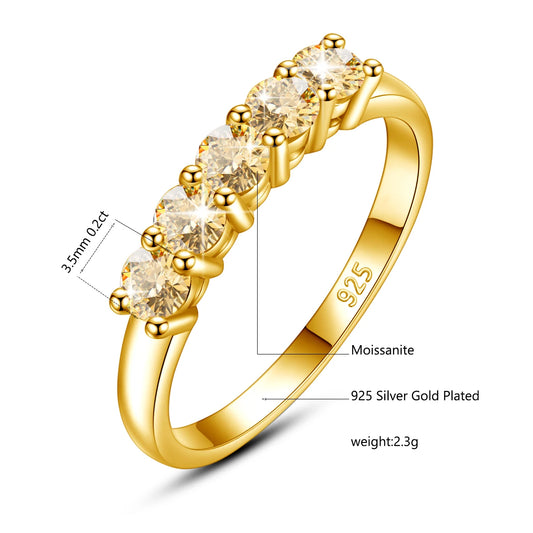 Luckacco Certified Natural Original Champagne Yellow Moissanite Ring 1.0CT 5 Stone Wedding Band For Woman Engagement Jewelry Gift Female